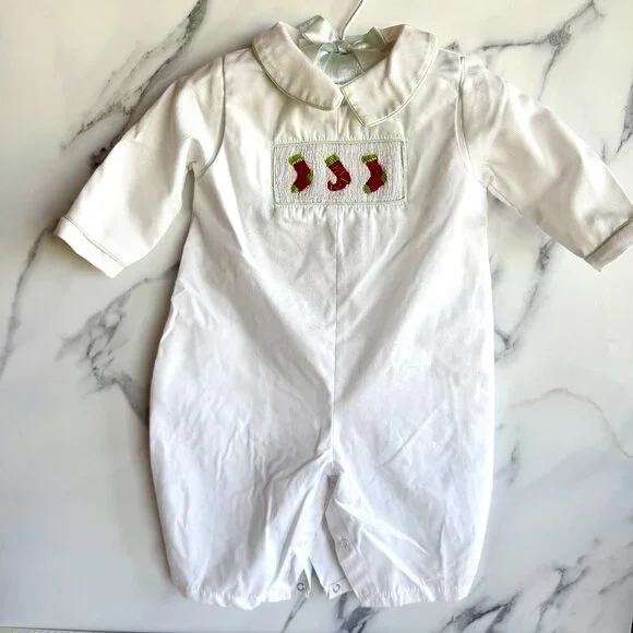Petit Ami Christmas Smocked Romper 6 Months White Holiday Outfit Stockings - Picture 1 of 11